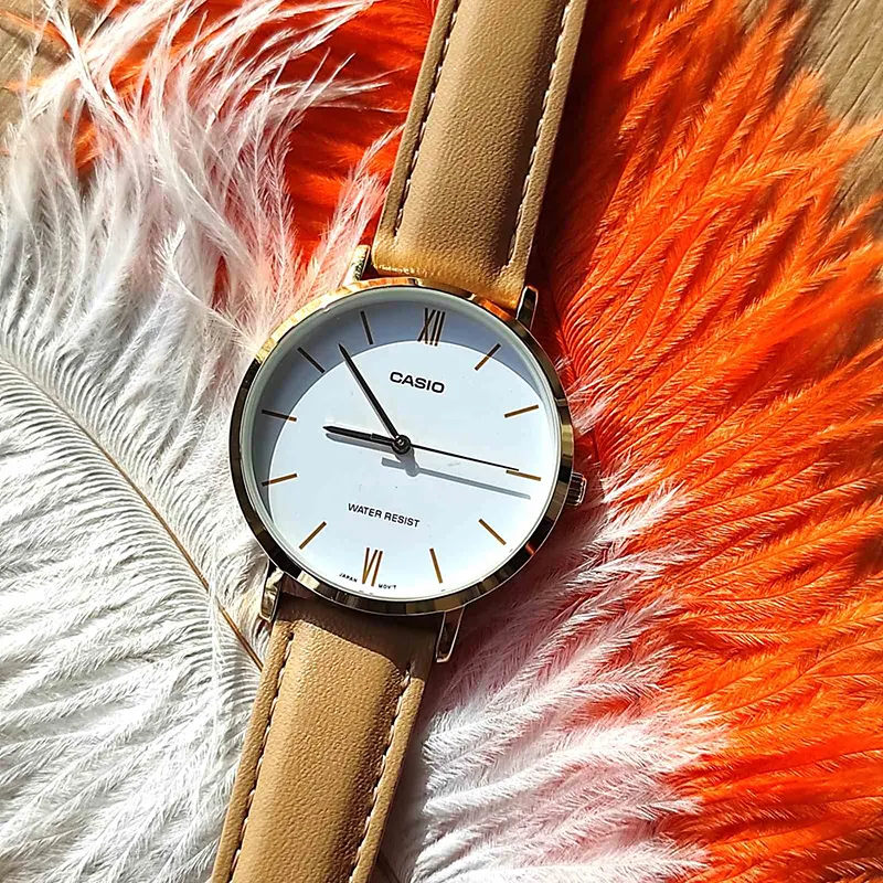 Casio Enticer Japan Quartz White Dial Leather Ladies Watch- LTP-VT01GL-7B